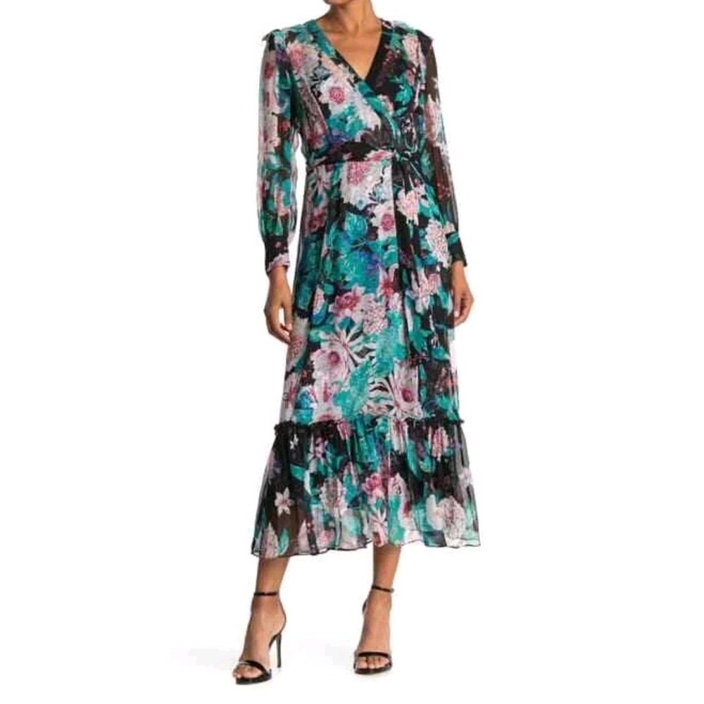 DVF Linnet Silk Wrap Ruffle Maxi Dress 8 Women Floral Chiffon Sheer Designer